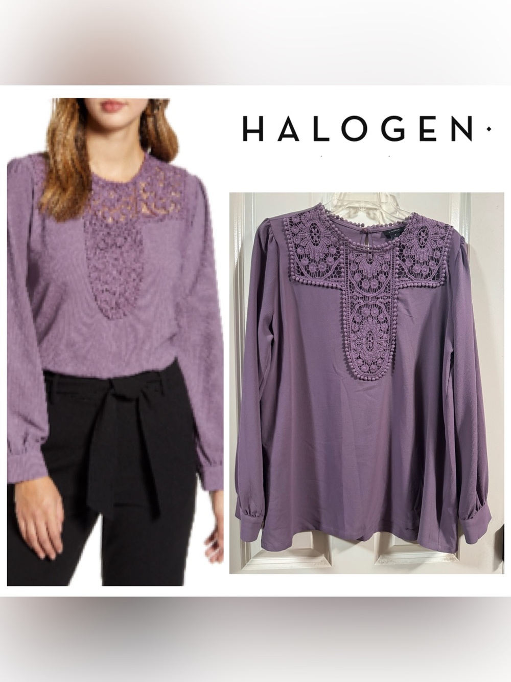 NWOT Halogen Crochet Lace Detail  Crepe Top